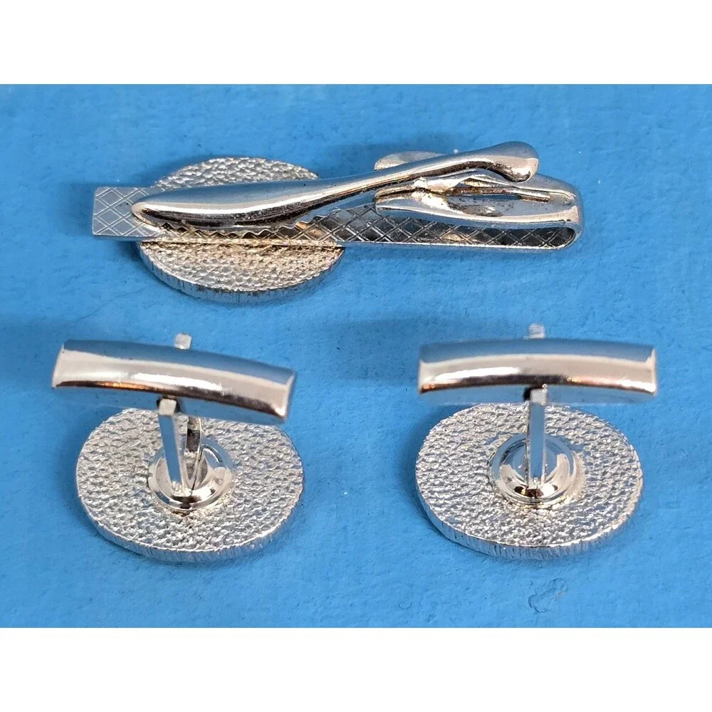 Silver Tone Tie Clip Cufflink Set Black Diamond Design Men's Formal Jewelry